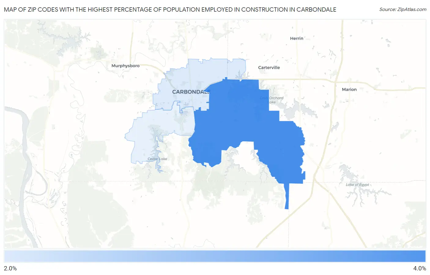 Zip Codes with the Highest Percentage of Population Employed in Construction in Carbondale Map
