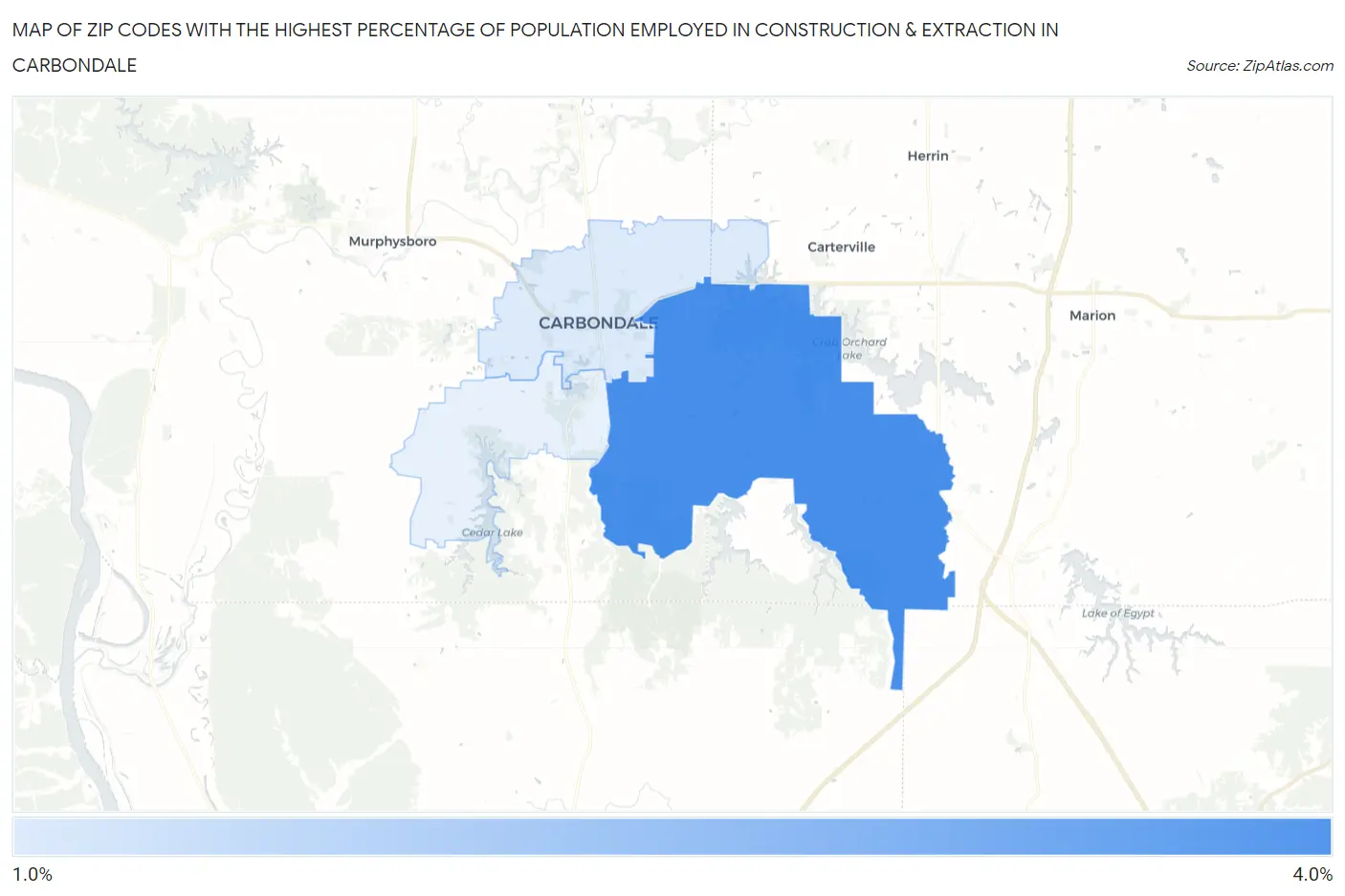 Zip Codes with the Highest Percentage of Population Employed in Construction & Extraction in Carbondale Map