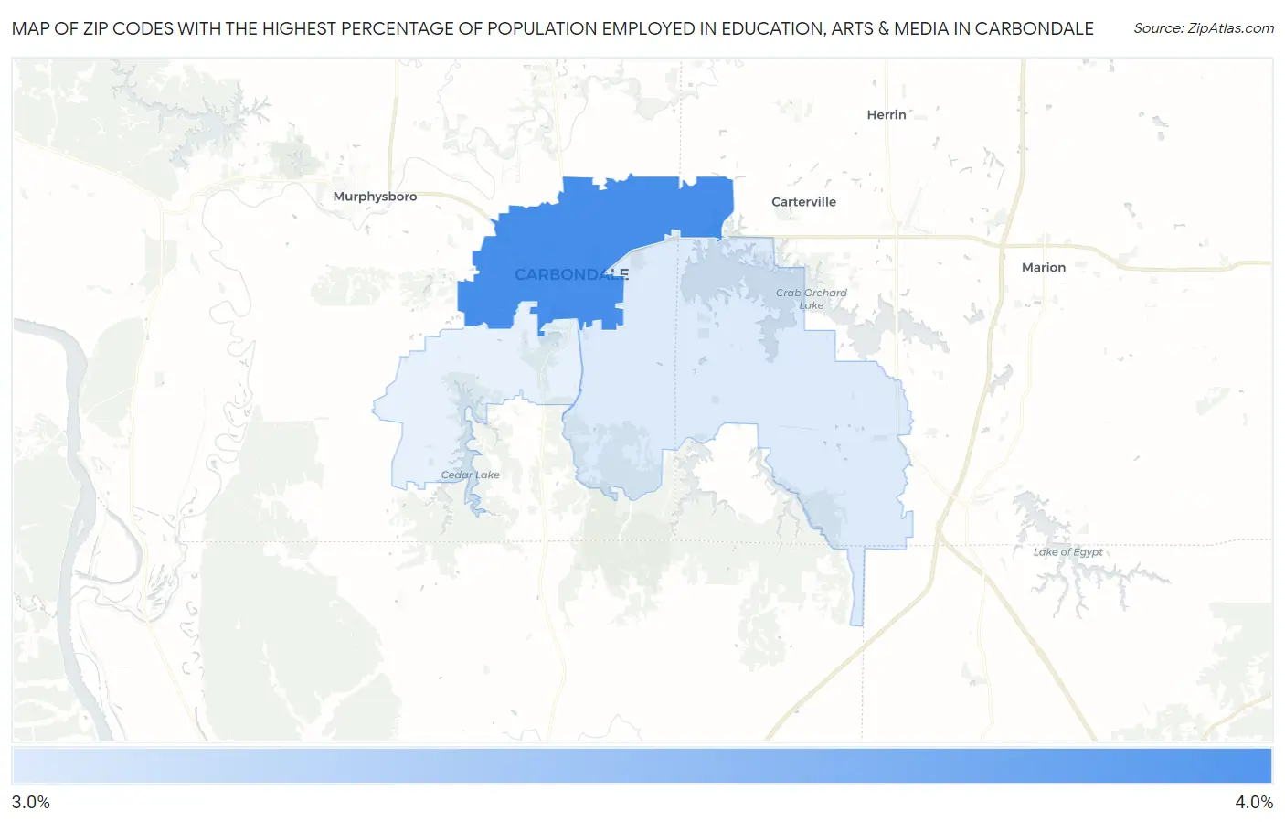 Zip Codes with the Highest Percentage of Population Employed in Education, Arts & Media in Carbondale Map
