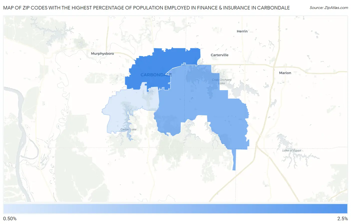 Zip Codes with the Highest Percentage of Population Employed in Finance & Insurance in Carbondale Map