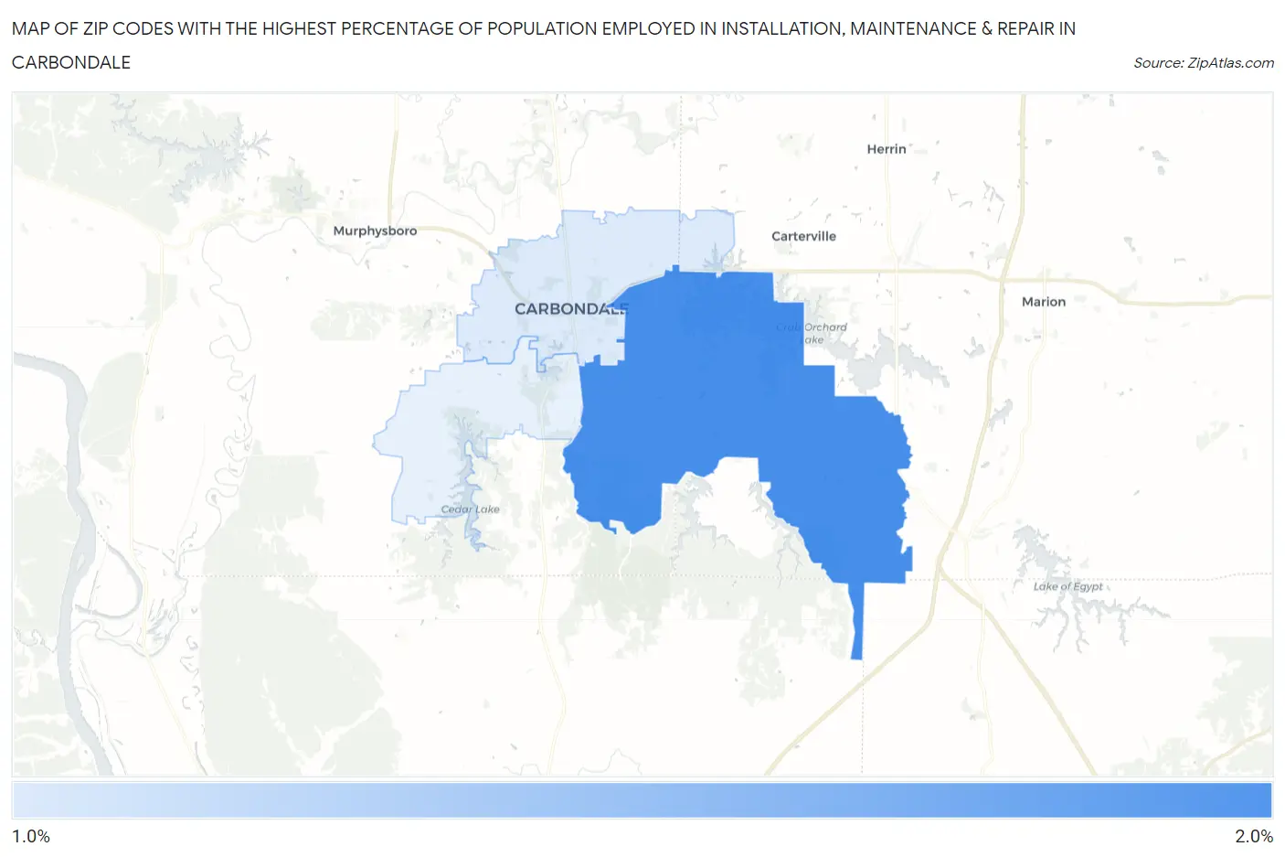 Zip Codes with the Highest Percentage of Population Employed in Installation, Maintenance & Repair in Carbondale Map