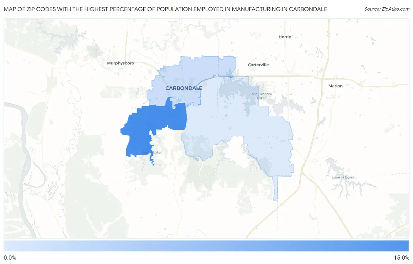 Zip Codes with the Highest Percentage of Population Employed in Manufacturing in Carbondale Map