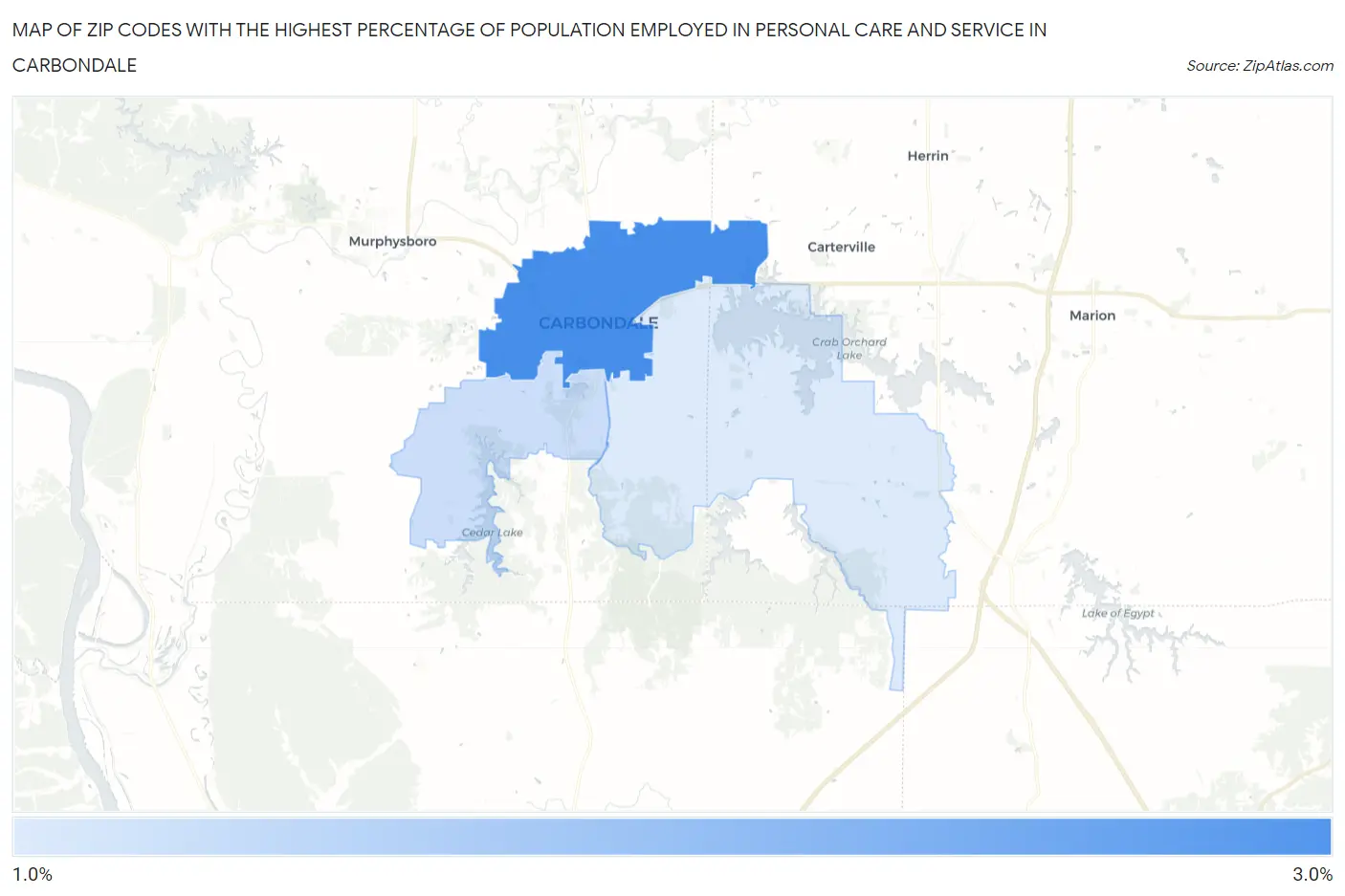 Zip Codes with the Highest Percentage of Population Employed in Personal Care and Service in Carbondale Map