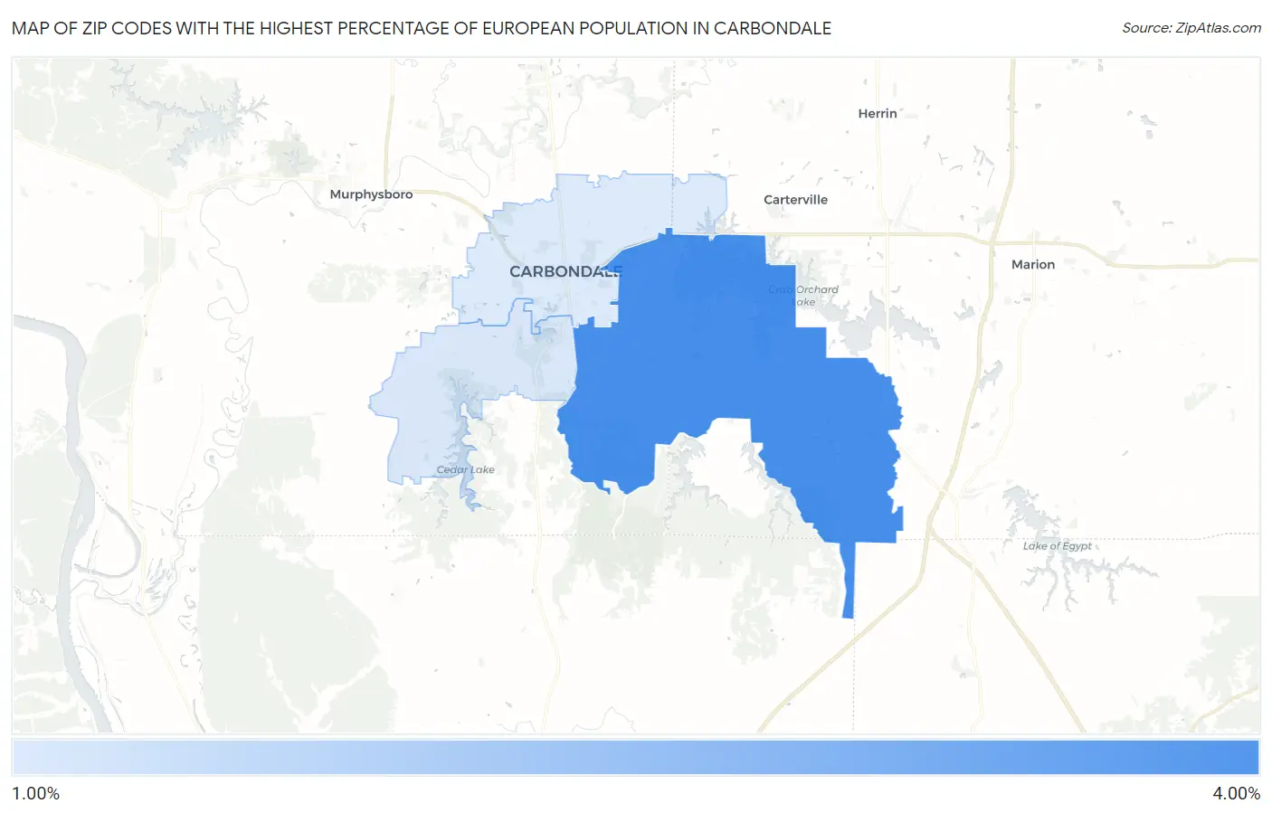 Zip Codes with the Highest Percentage of European Population in Carbondale Map