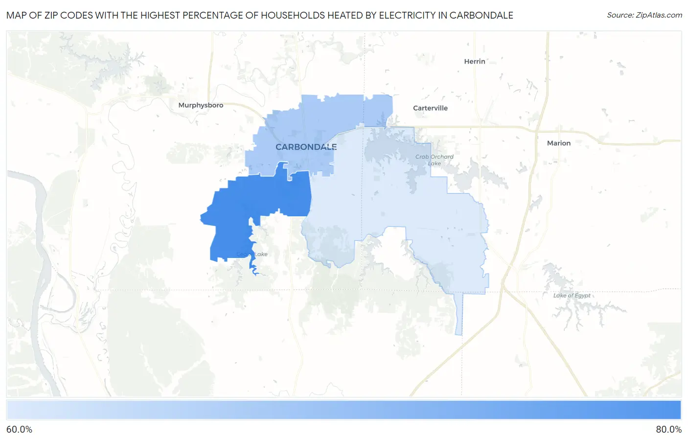 Zip Codes with the Highest Percentage of Households Heated by Electricity in Carbondale Map