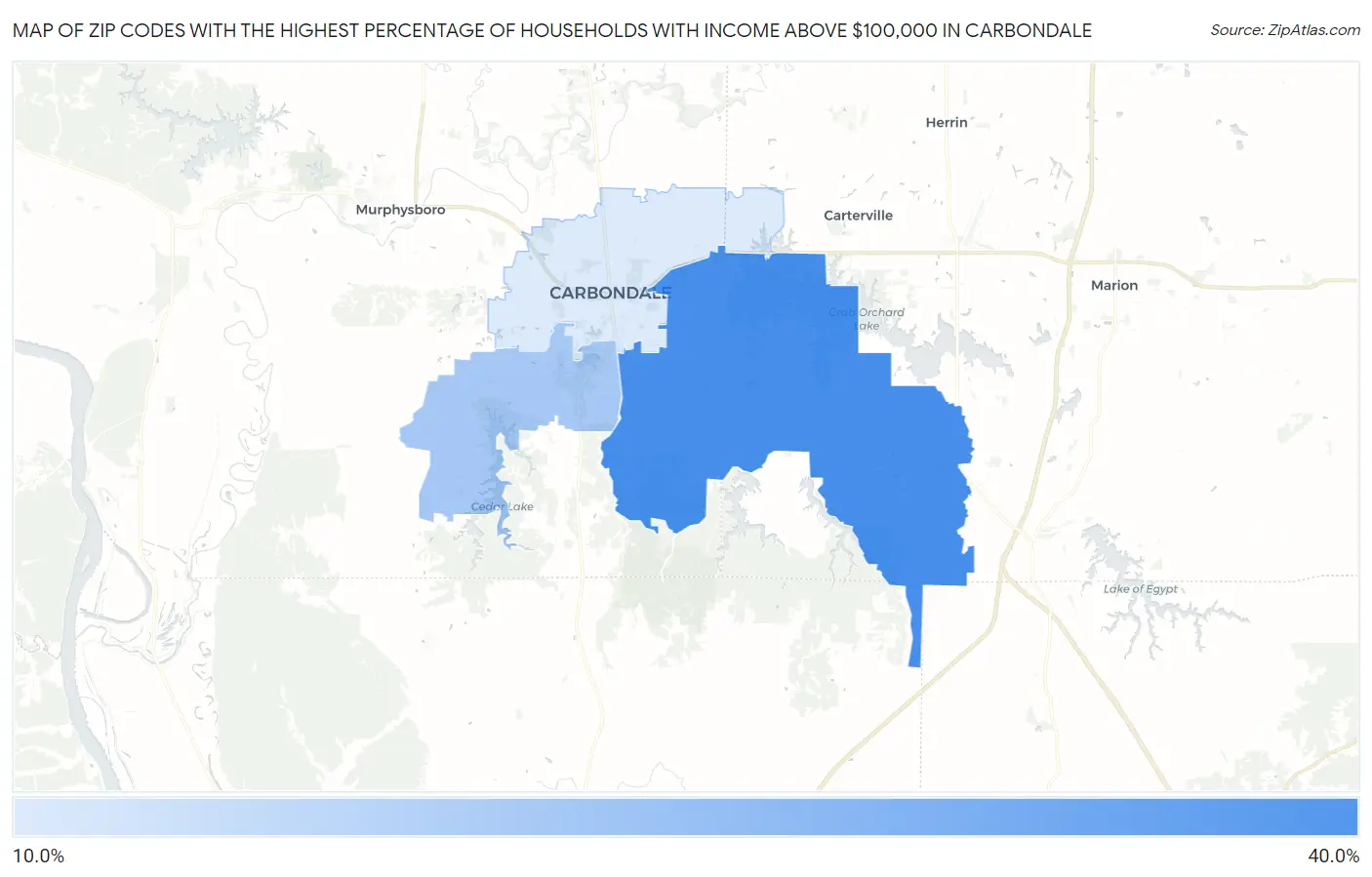 Zip Codes with the Highest Percentage of Households with Income Above $100,000 in Carbondale Map