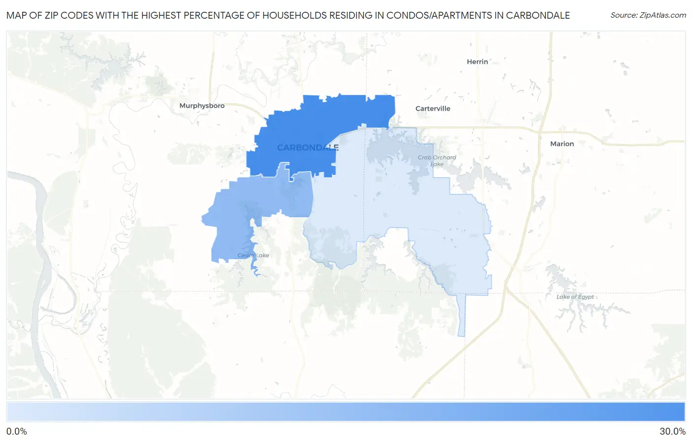 Zip Codes with the Highest Percentage of Households Residing in Condos/Apartments in Carbondale Map