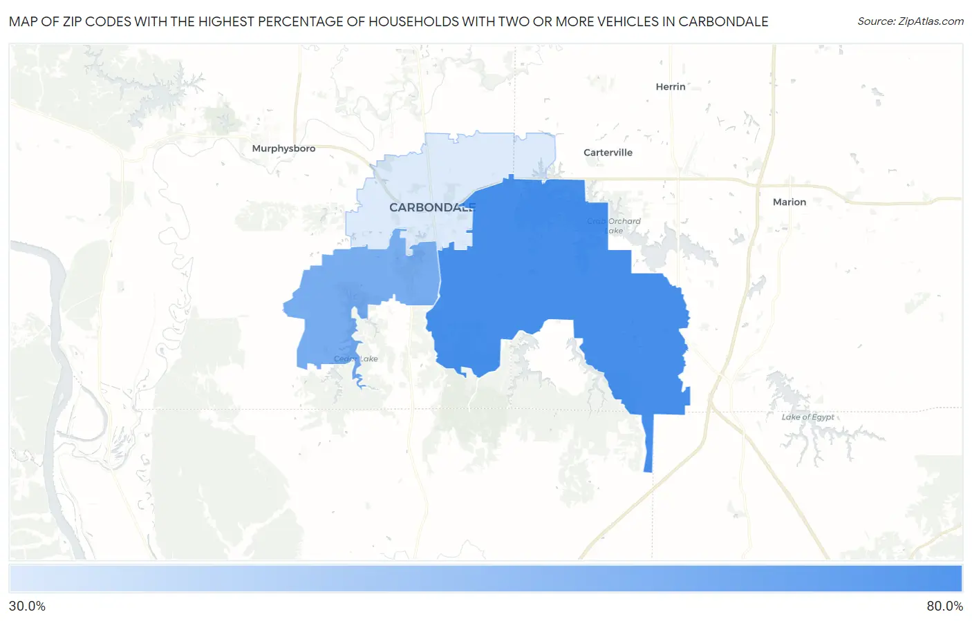 Zip Codes with the Highest Percentage of Households With Two or more Vehicles in Carbondale Map
