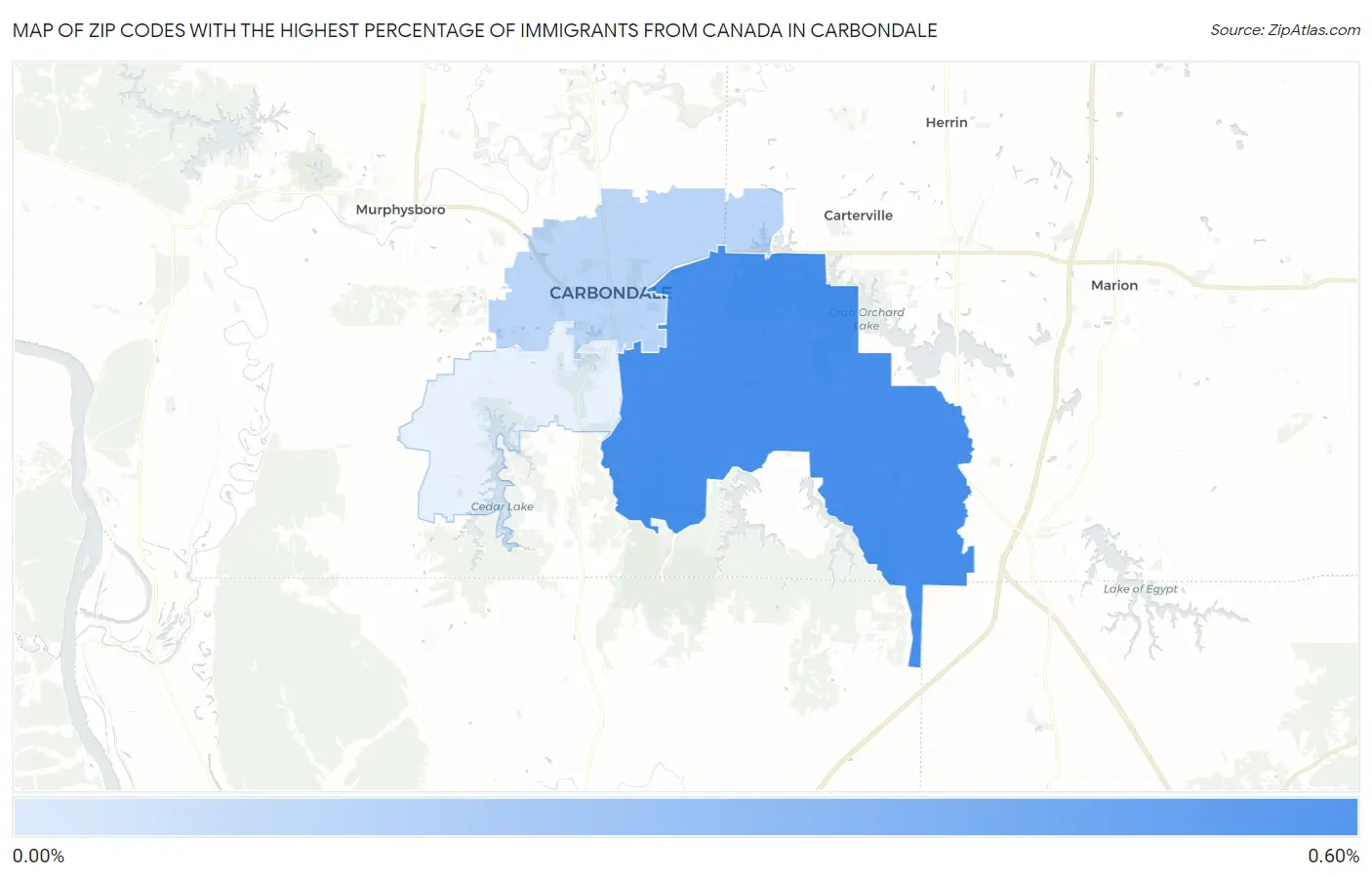 Zip Codes with the Highest Percentage of Immigrants from Canada in Carbondale Map