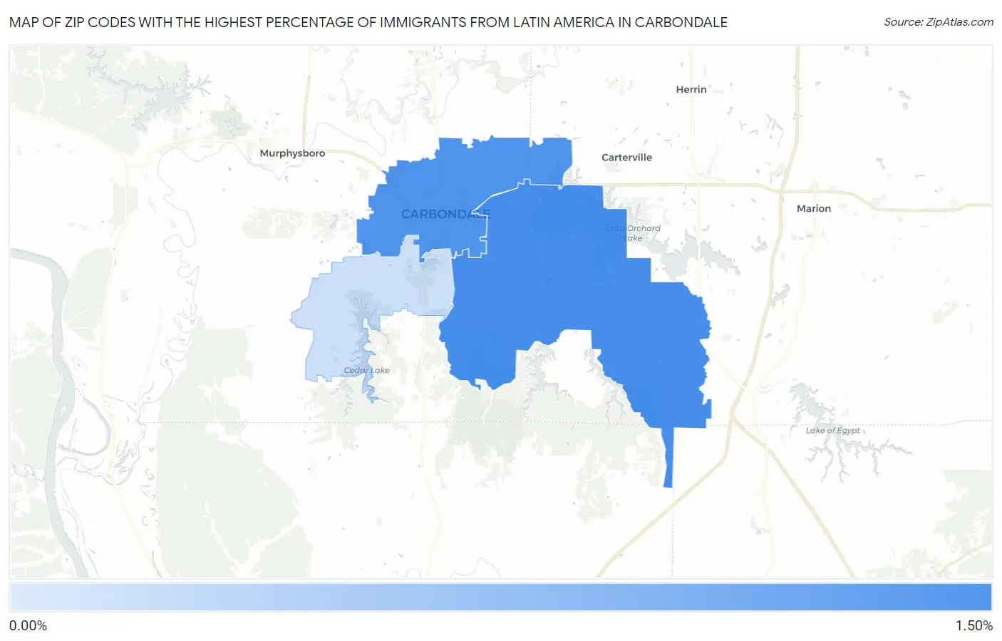 Zip Codes with the Highest Percentage of Immigrants from Latin America in Carbondale Map