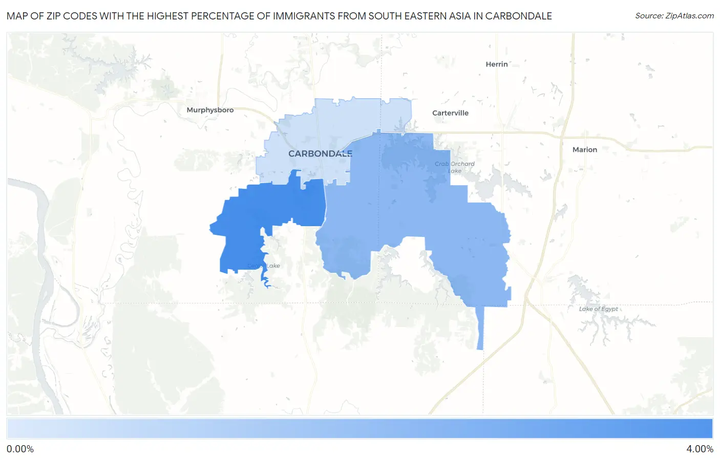Zip Codes with the Highest Percentage of Immigrants from South Eastern Asia in Carbondale Map