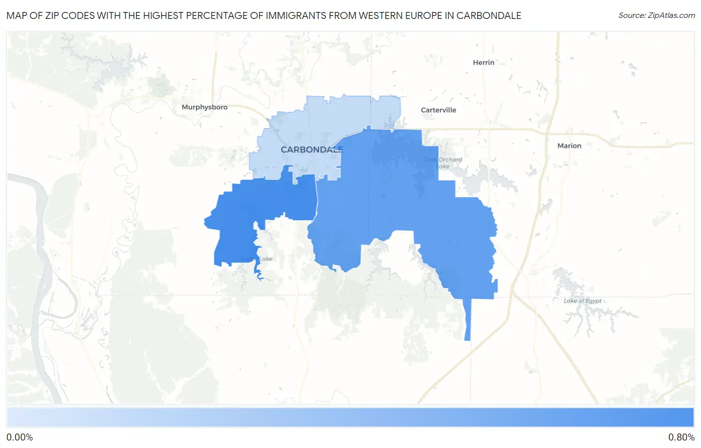 Zip Codes with the Highest Percentage of Immigrants from Western Europe in Carbondale Map