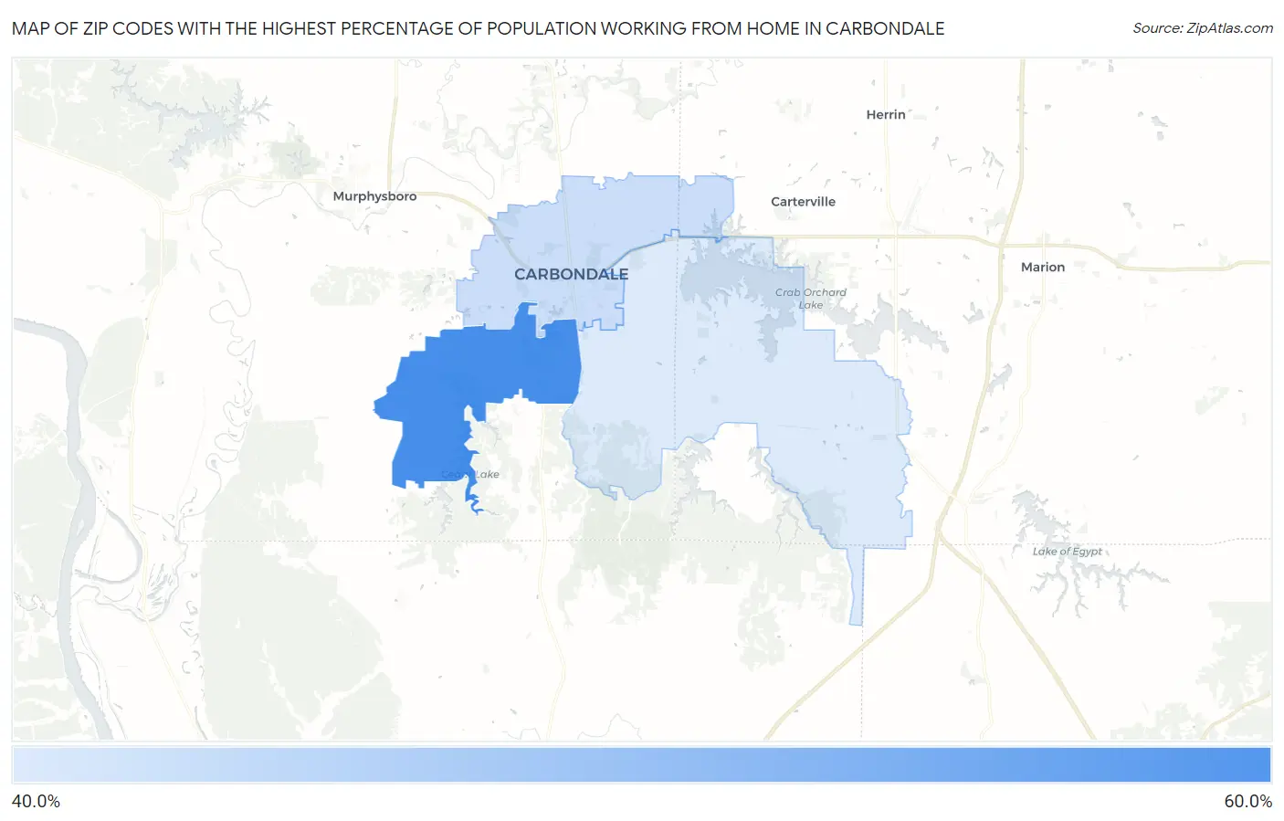 Zip Codes with the Highest Percentage of Population Working from Home in Carbondale Map