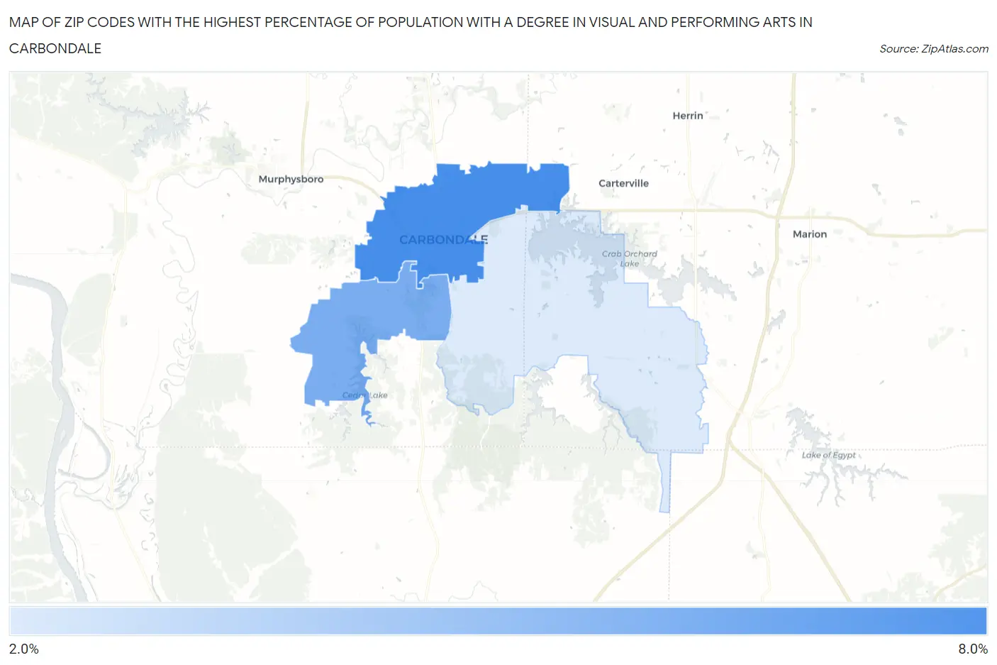 Zip Codes with the Highest Percentage of Population with a Degree in Visual and Performing Arts in Carbondale Map