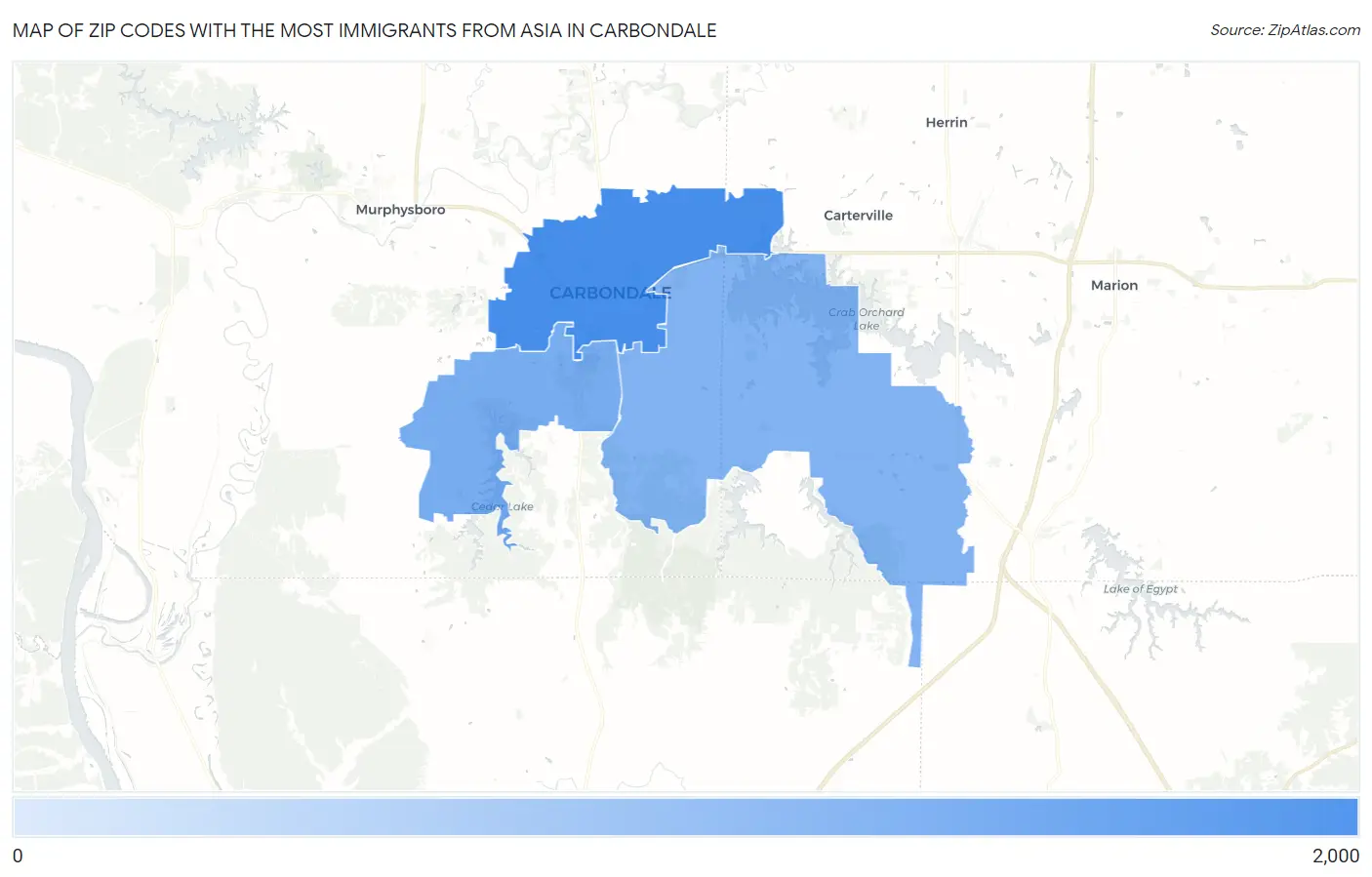 Zip Codes with the Most Immigrants from Asia in Carbondale Map