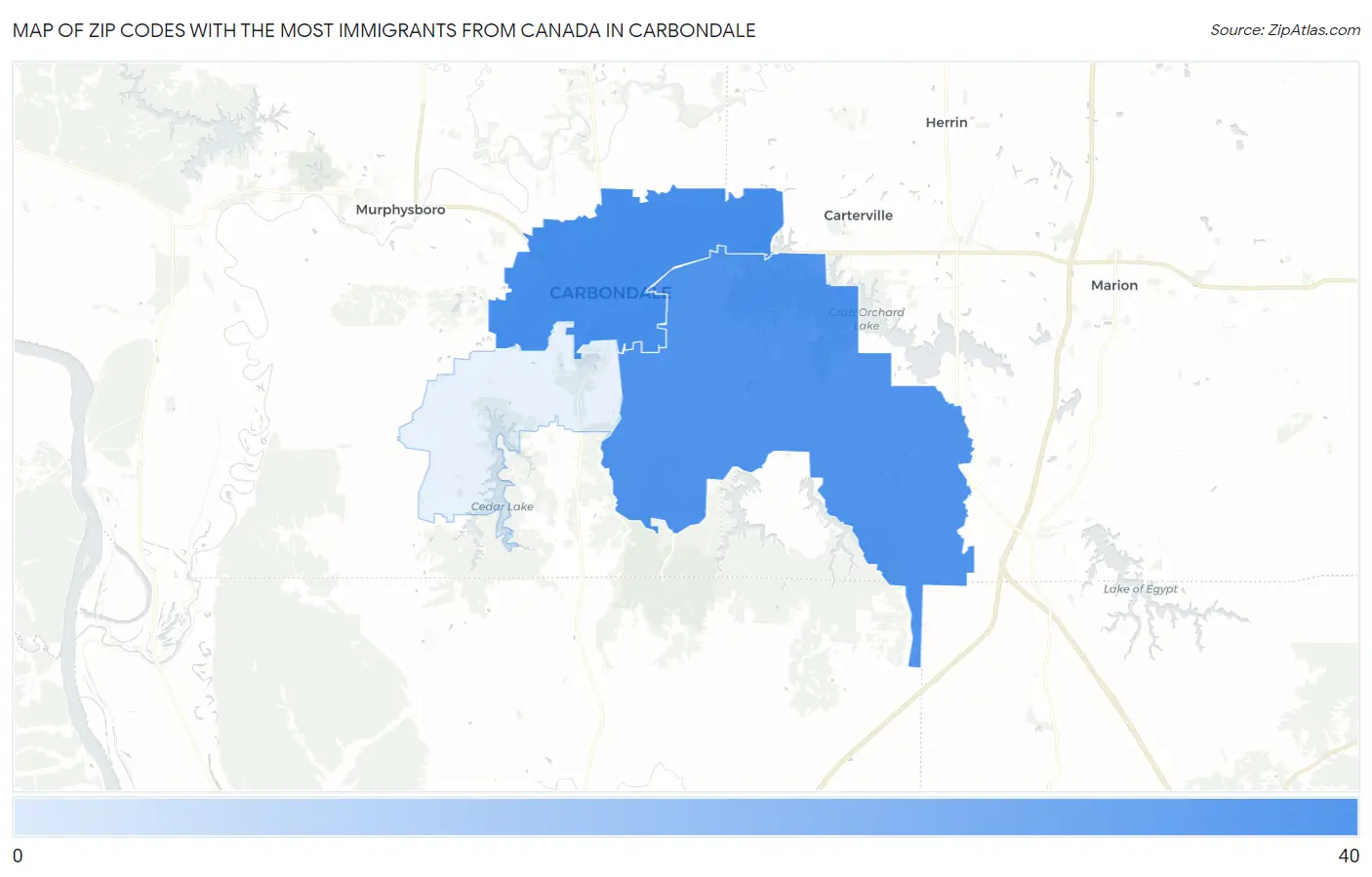Zip Codes with the Most Immigrants from Canada in Carbondale Map