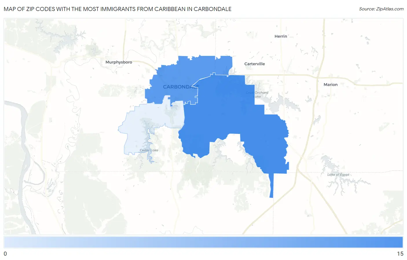 Zip Codes with the Most Immigrants from Caribbean in Carbondale Map