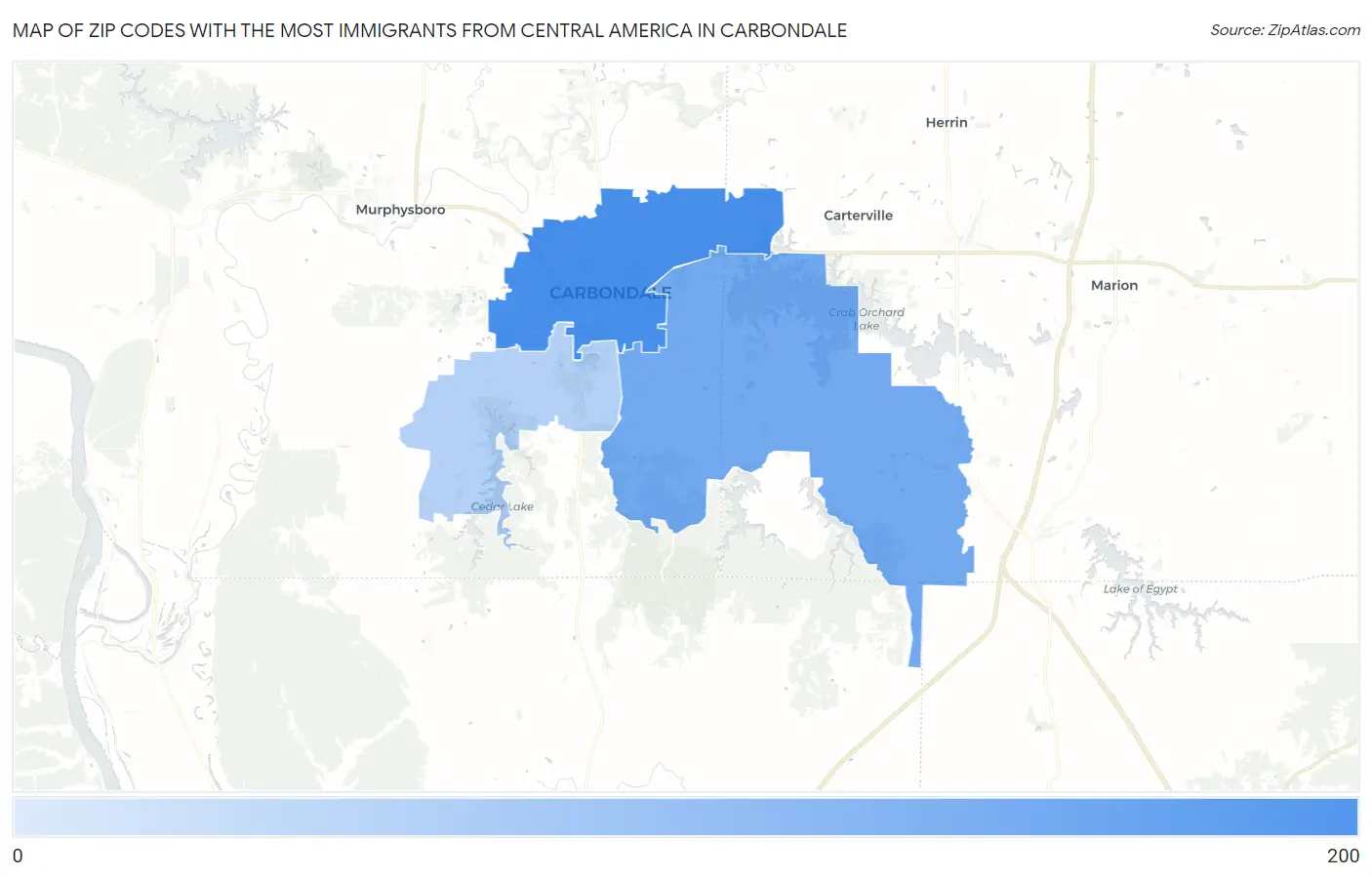 Zip Codes with the Most Immigrants from Central America in Carbondale Map