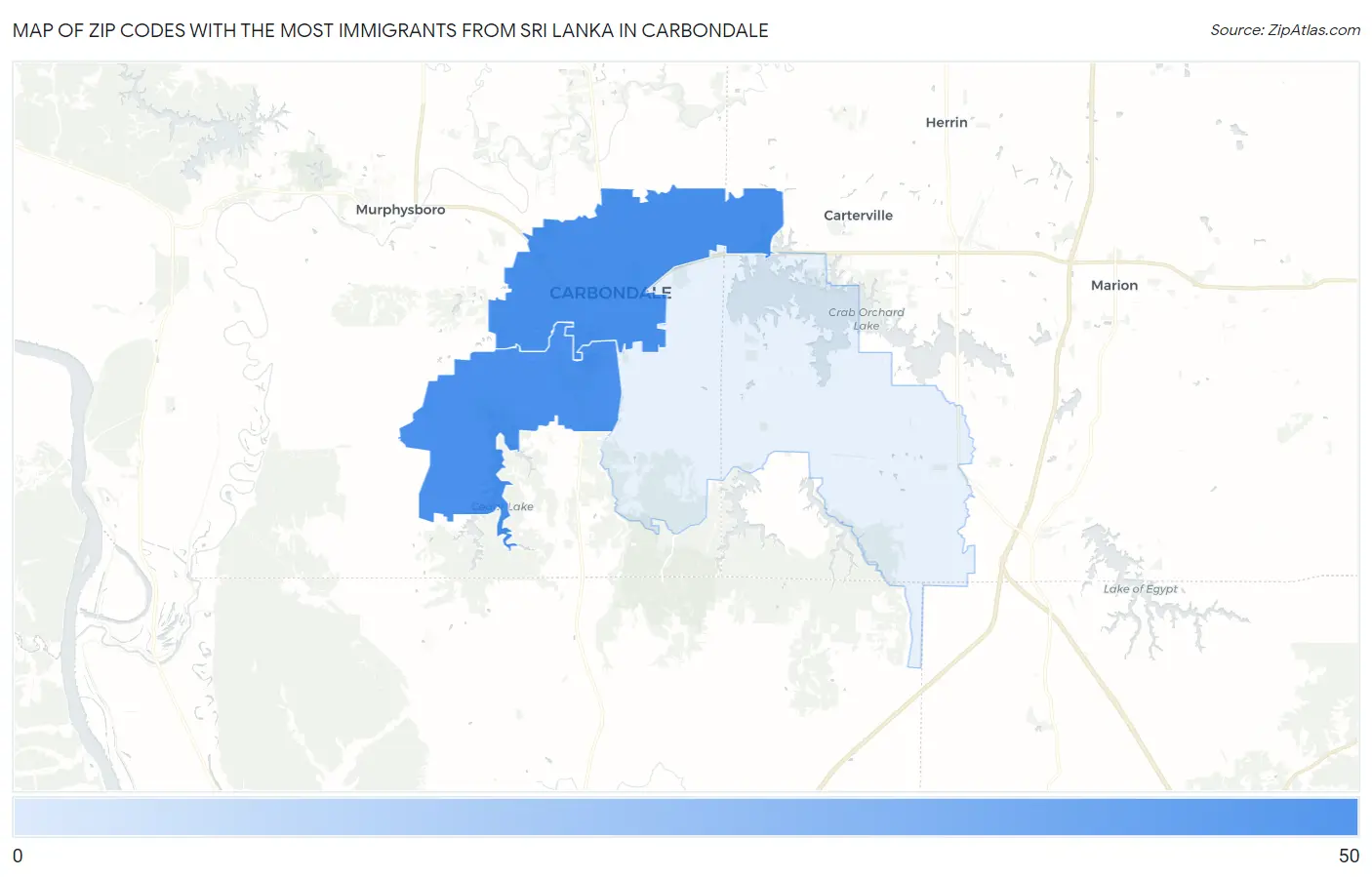 Zip Codes with the Most Immigrants from Sri Lanka in Carbondale Map