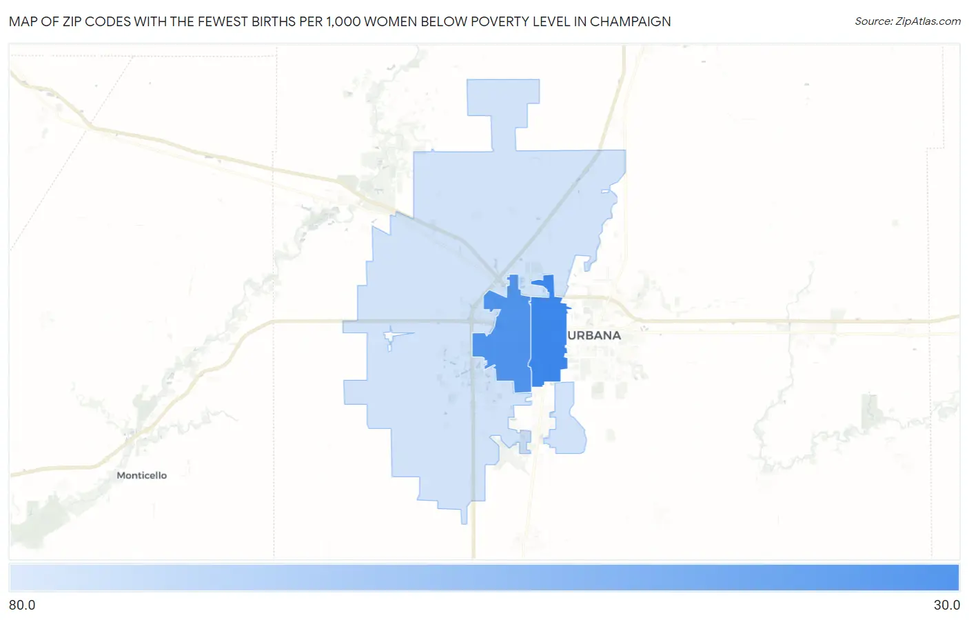 Zip Codes with the Fewest Births per 1,000 Women Below Poverty Level in Champaign Map