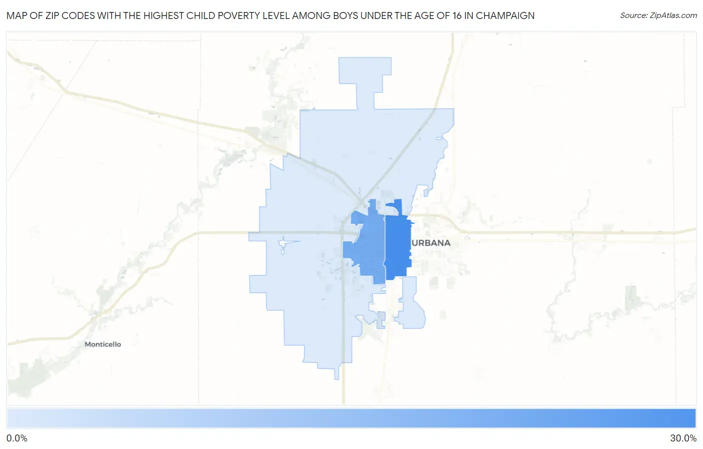 Zip Codes with the Highest Child Poverty Level Among Boys Under the Age of 16 in Champaign Map