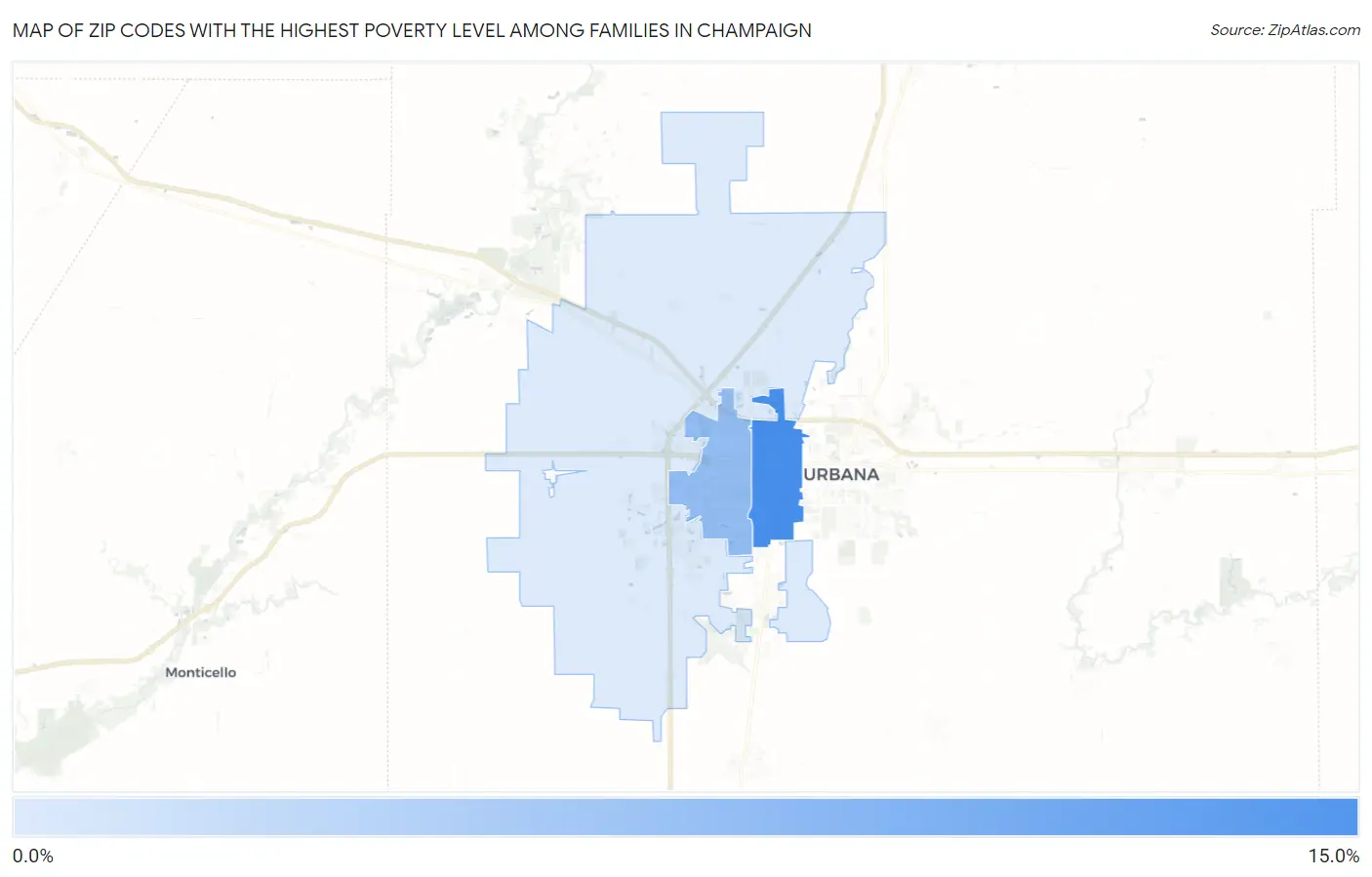 Zip Codes with the Highest Poverty Level Among Families in Champaign Map