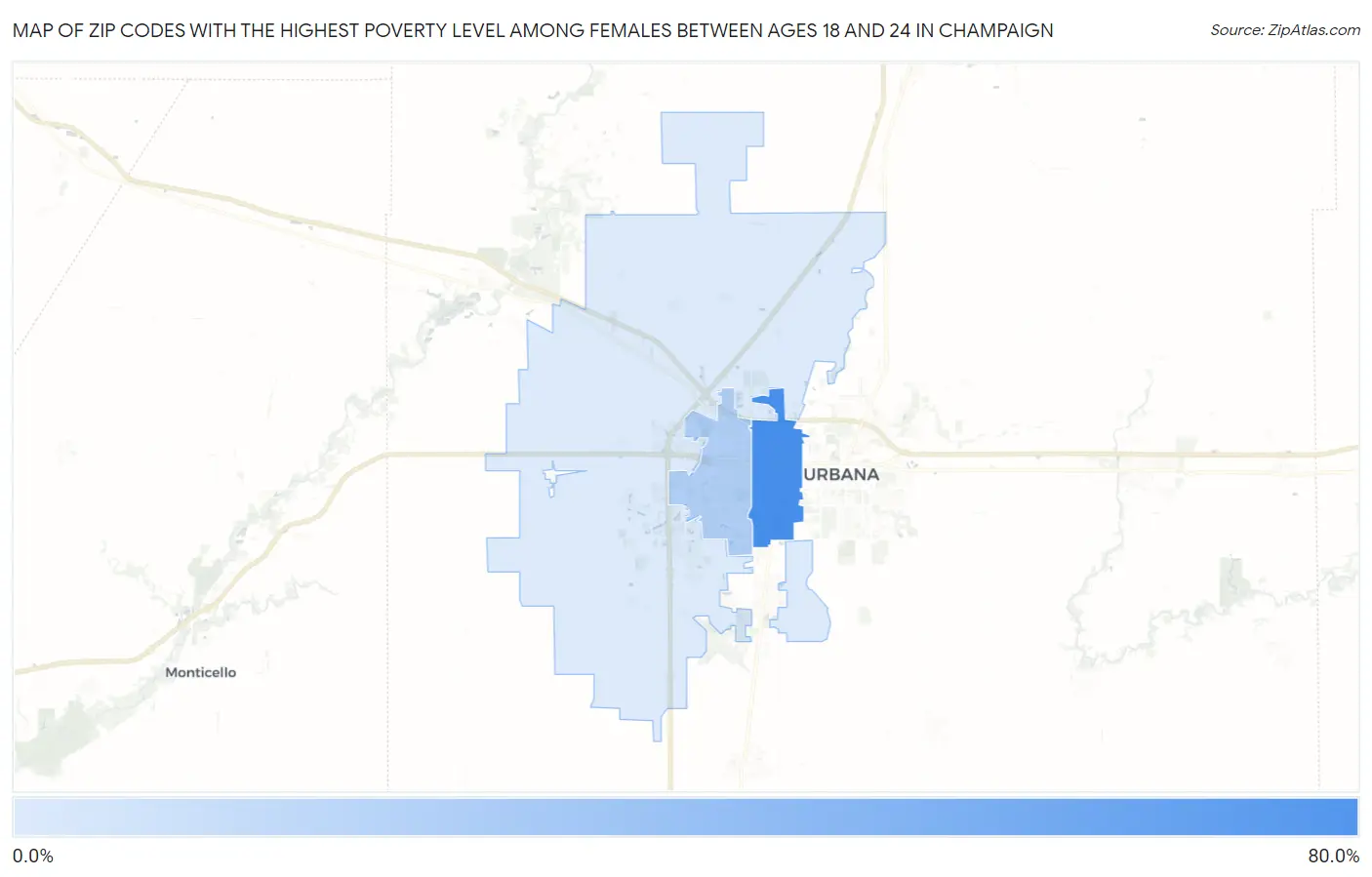 Zip Codes with the Highest Poverty Level Among Females Between Ages 18 and 24 in Champaign Map