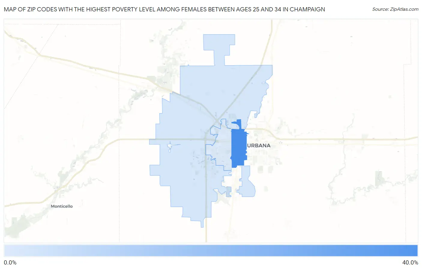 Zip Codes with the Highest Poverty Level Among Females Between Ages 25 and 34 in Champaign Map