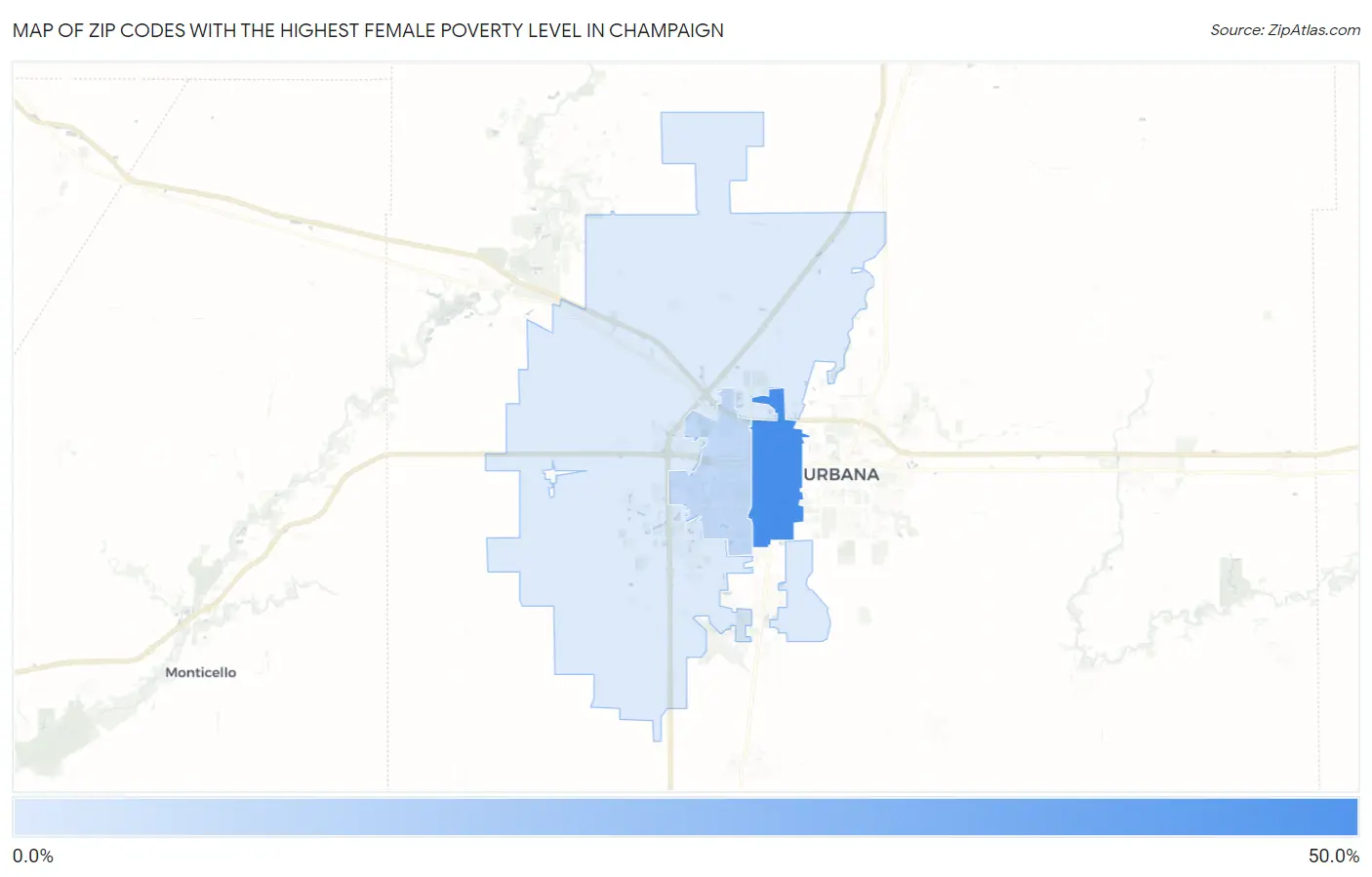 Zip Codes with the Highest Female Poverty Level in Champaign Map