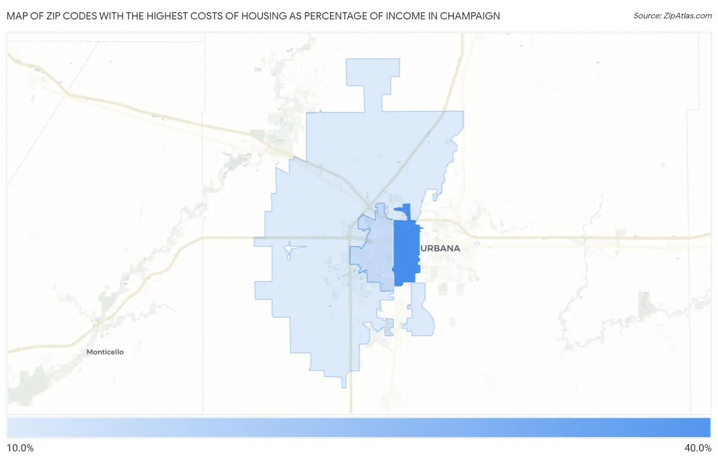 Zip Codes with the Highest Costs of Housing as Percentage of Income in Champaign Map