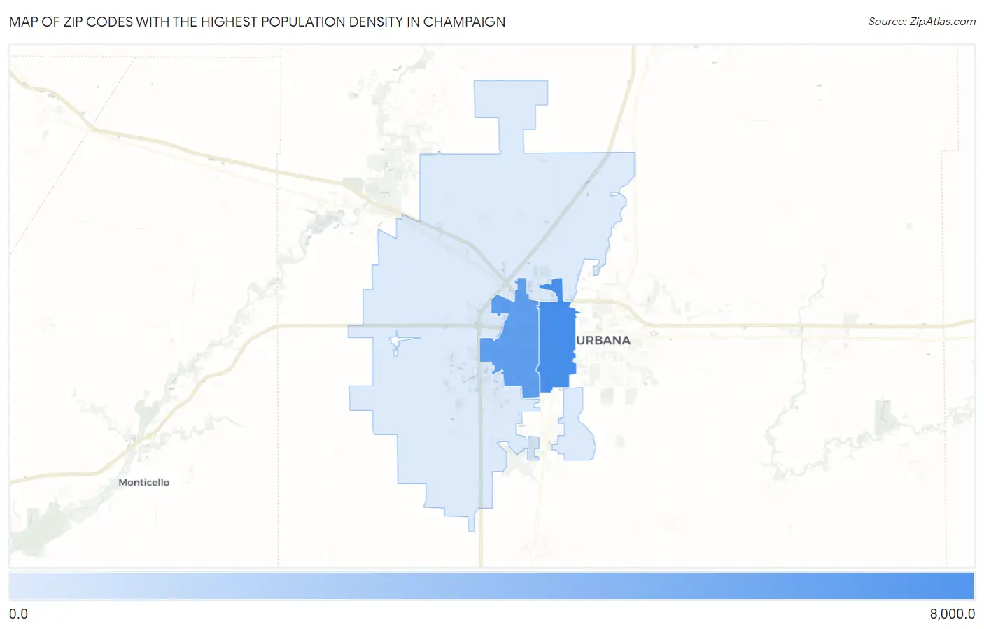 Zip Codes with the Highest Population Density in Champaign Map