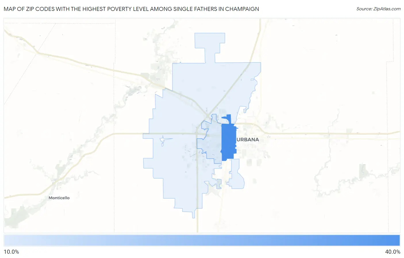 Zip Codes with the Highest Poverty Level Among Single Fathers in Champaign Map