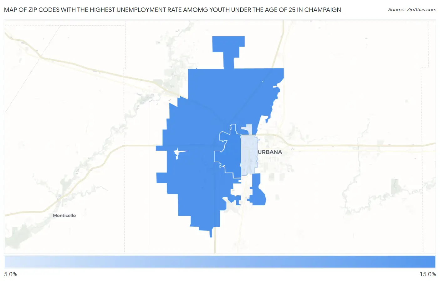 Zip Codes with the Highest Unemployment Rate Amomg Youth Under the Age of 25 in Champaign Map