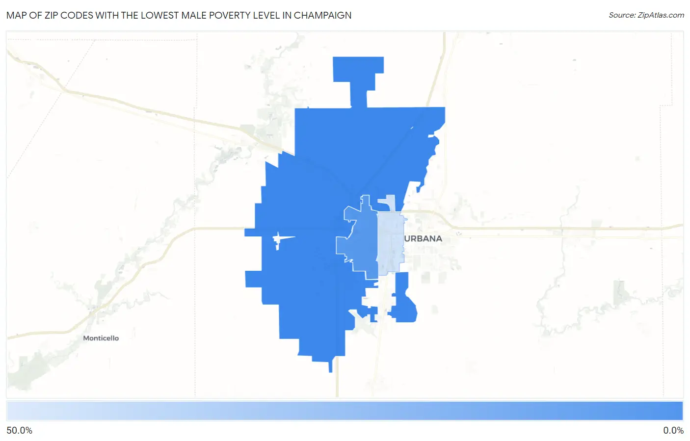 Zip Codes with the Lowest Male Poverty Level in Champaign Map