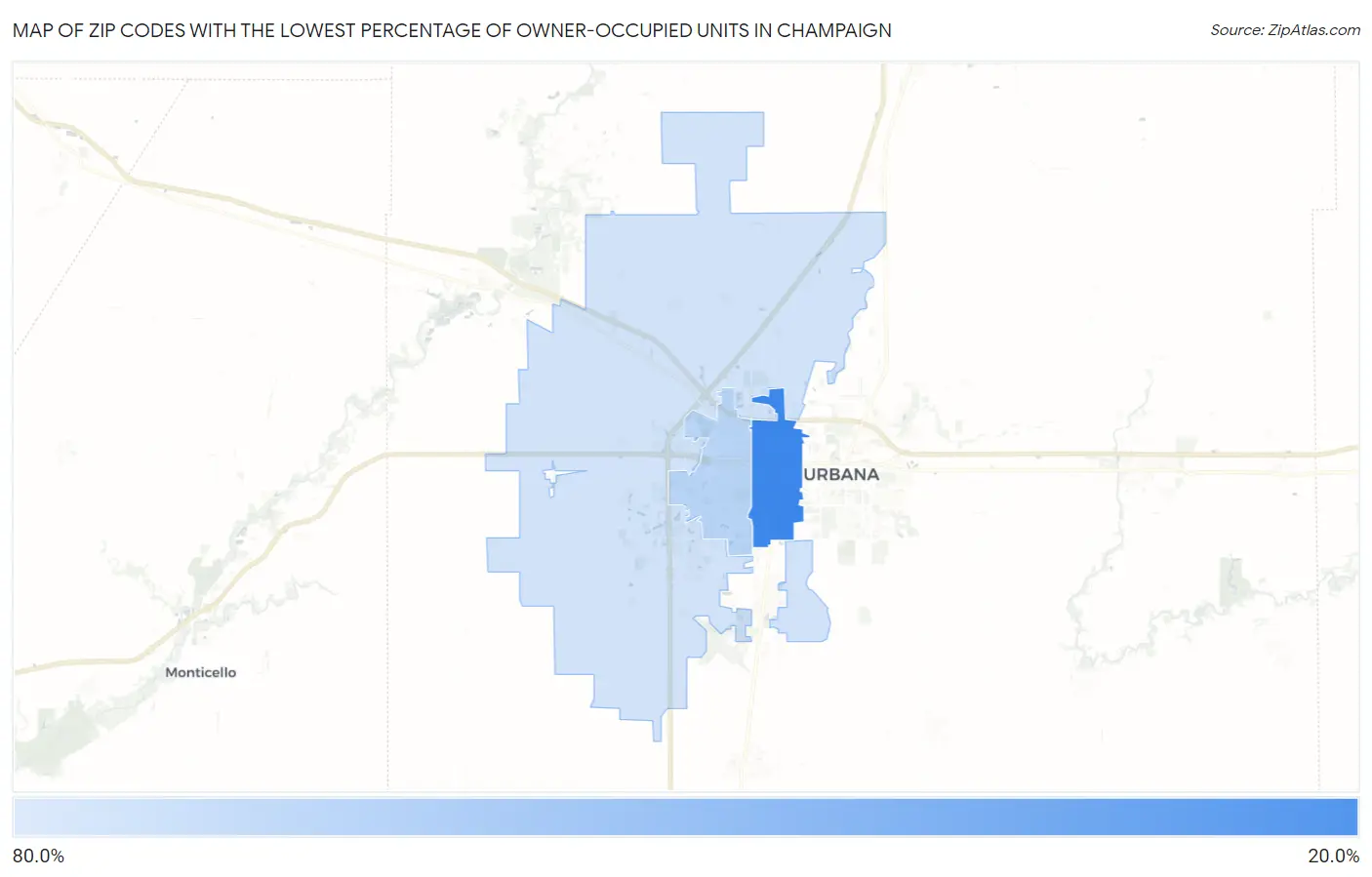 Zip Codes with the Lowest Percentage of Owner-Occupied Units in Champaign Map