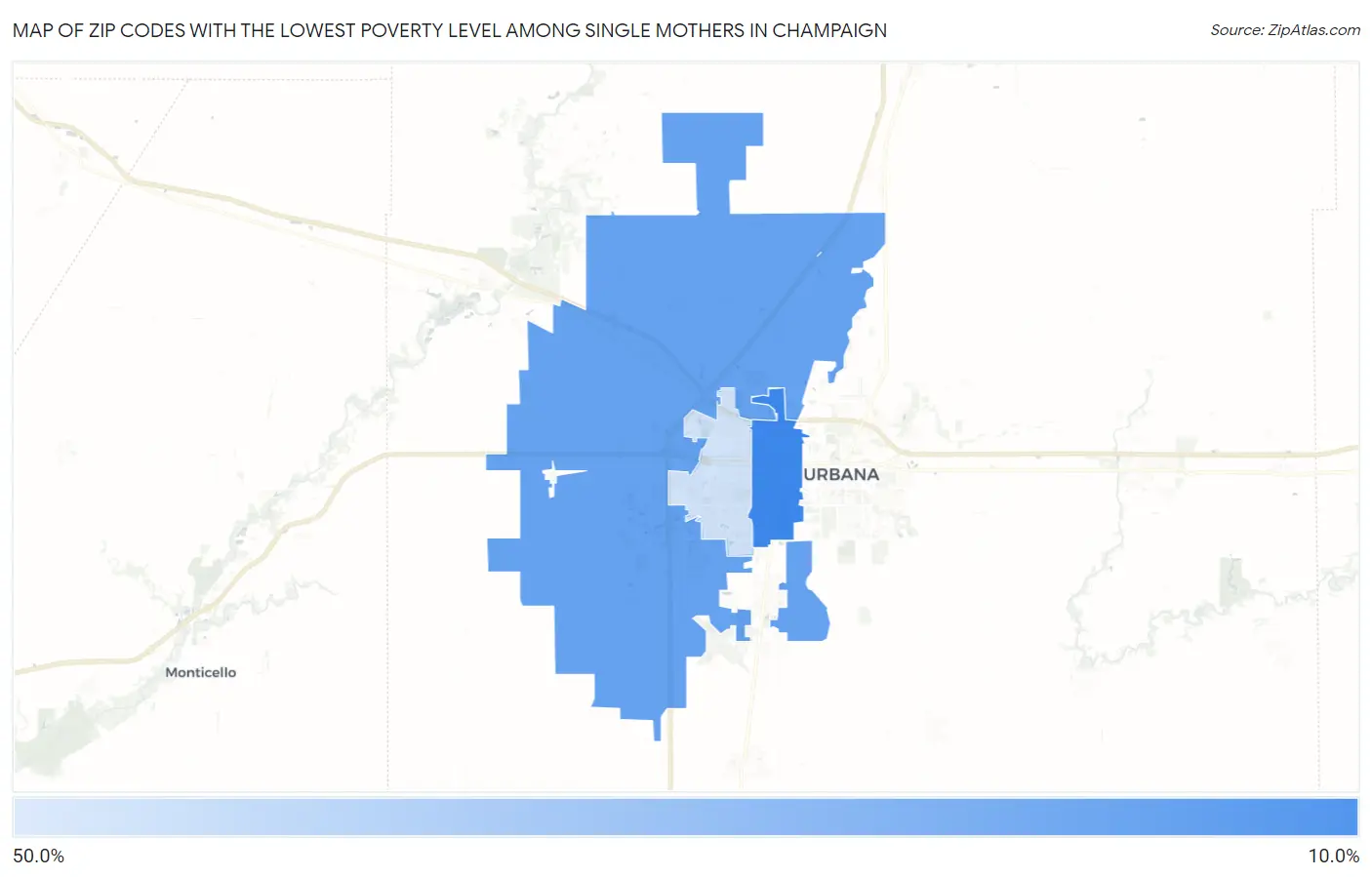 Zip Codes with the Lowest Poverty Level Among Single Mothers in Champaign Map