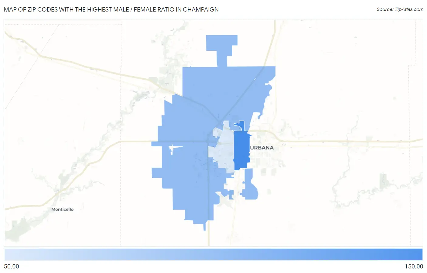 Zip Codes with the Highest Male / Female Ratio in Champaign Map