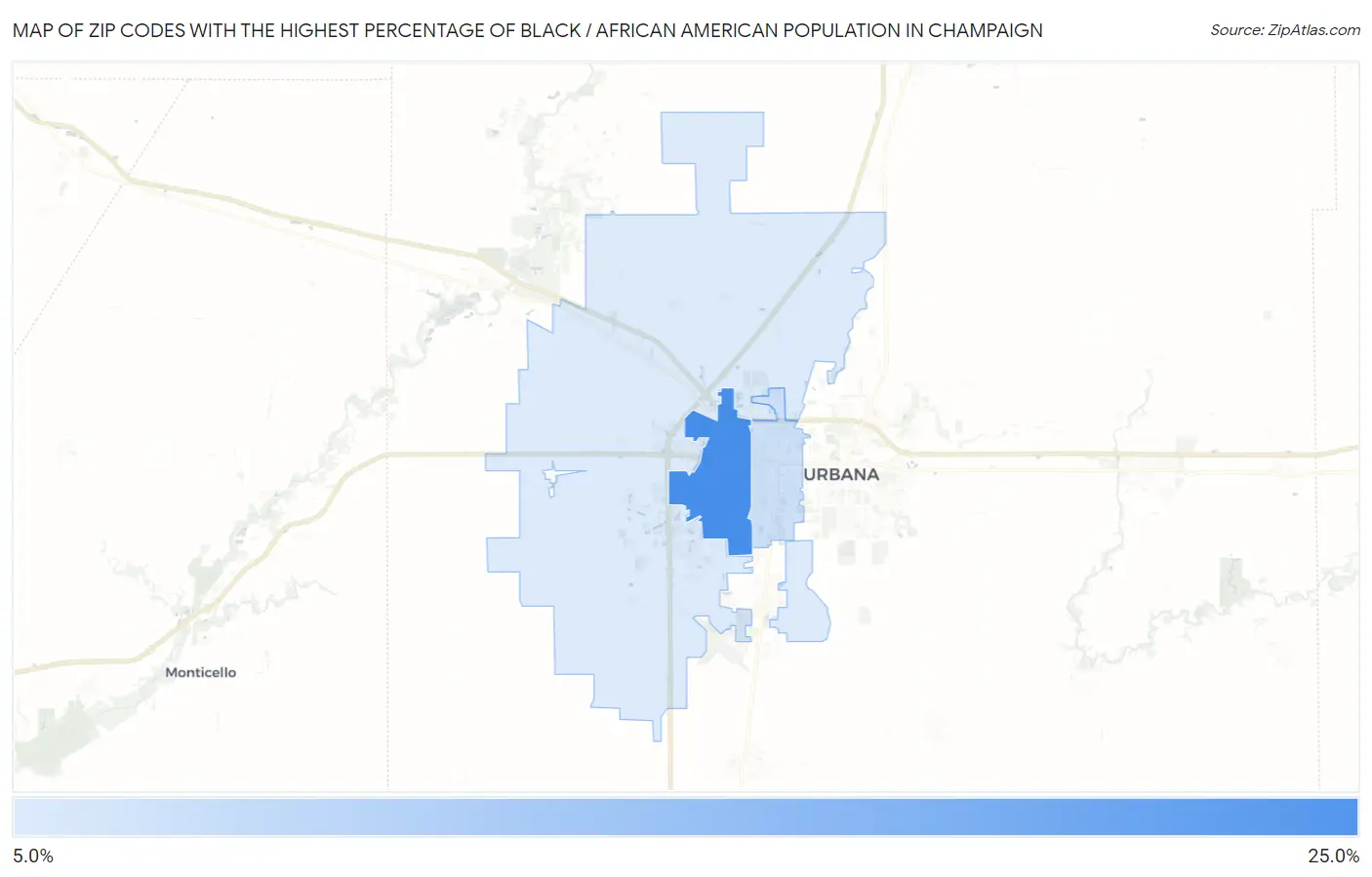 Zip Codes with the Highest Percentage of Black / African American Population in Champaign Map
