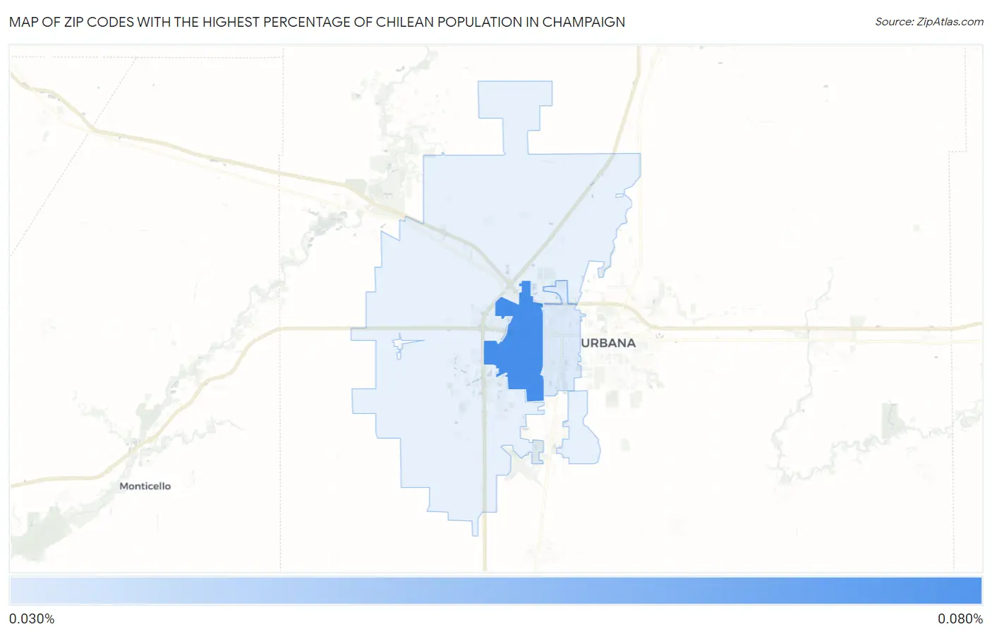 Zip Codes with the Highest Percentage of Chilean Population in Champaign Map