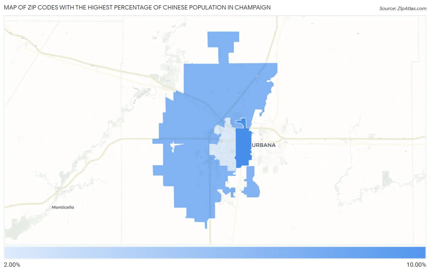 Zip Codes with the Highest Percentage of Chinese Population in Champaign Map