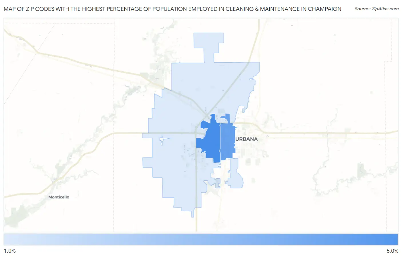 Zip Codes with the Highest Percentage of Population Employed in Cleaning & Maintenance in Champaign Map