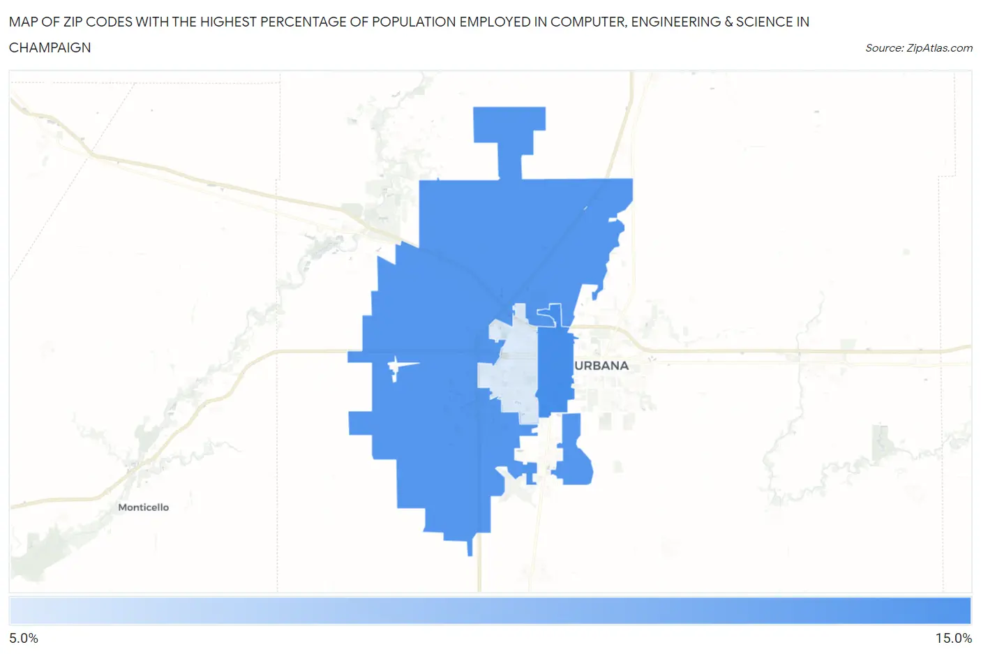 Zip Codes with the Highest Percentage of Population Employed in Computer, Engineering & Science in Champaign Map
