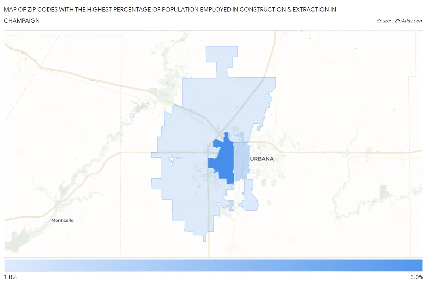 Zip Codes with the Highest Percentage of Population Employed in Construction & Extraction in Champaign Map