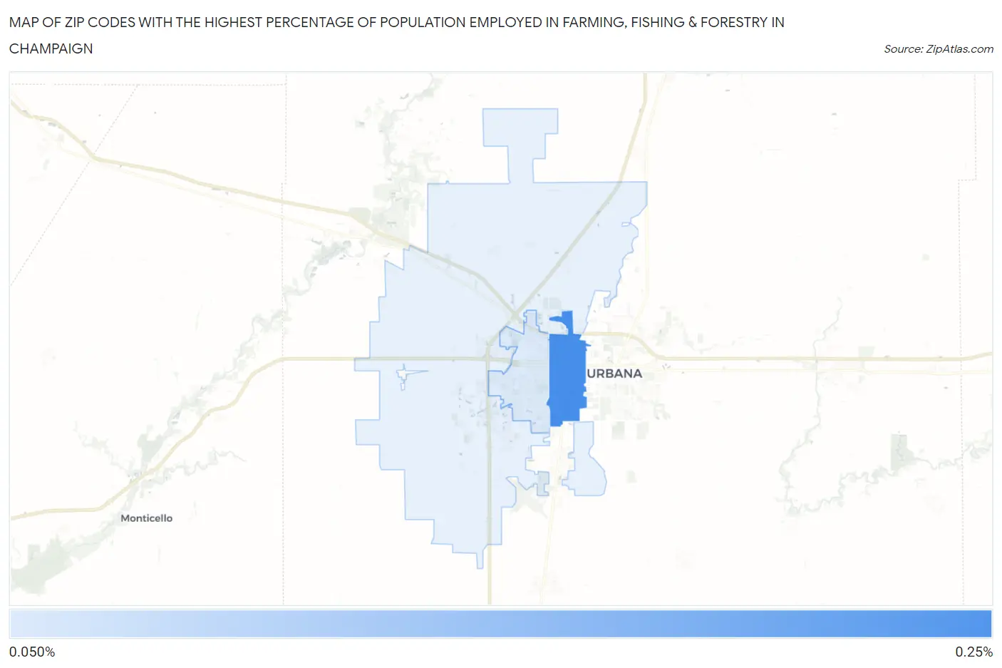 Zip Codes with the Highest Percentage of Population Employed in Farming, Fishing & Forestry in Champaign Map