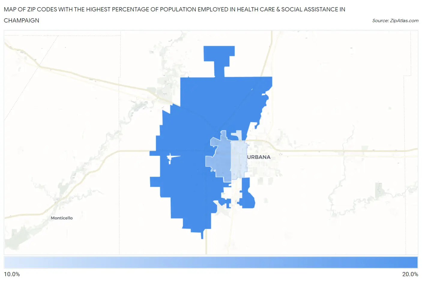 Zip Codes with the Highest Percentage of Population Employed in Health Care & Social Assistance in Champaign Map