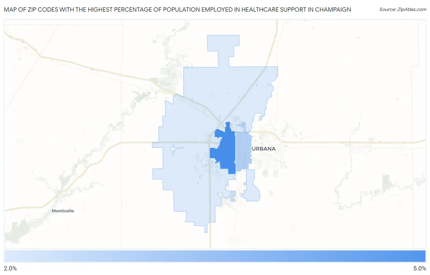 Zip Codes with the Highest Percentage of Population Employed in Healthcare Support in Champaign Map