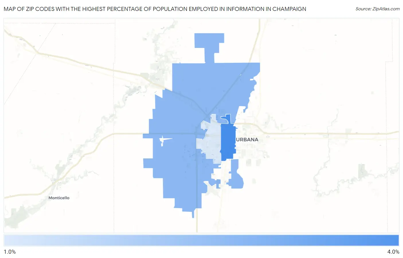 Zip Codes with the Highest Percentage of Population Employed in Information in Champaign Map