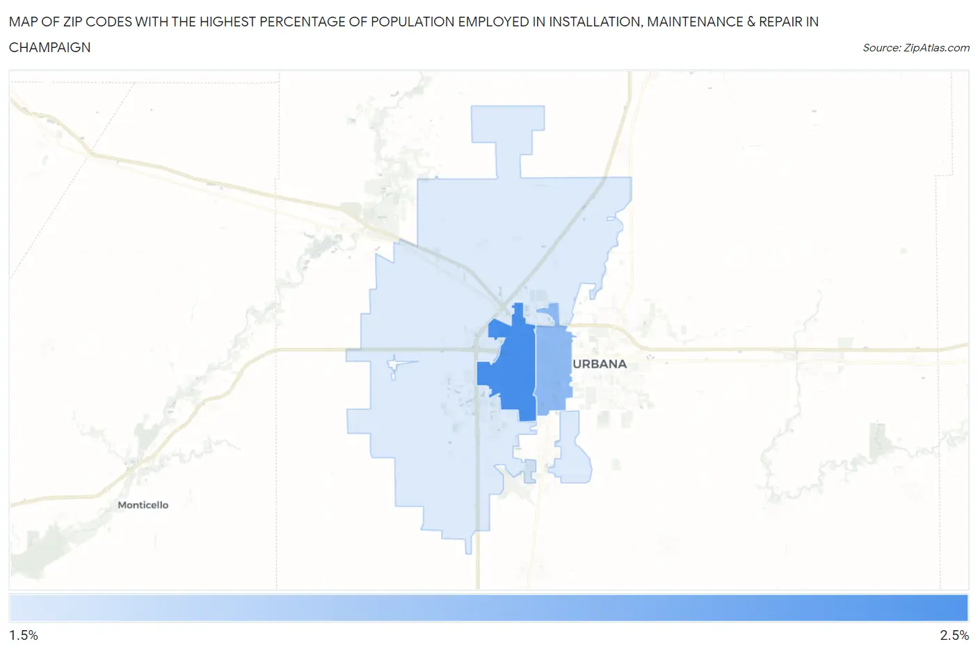 Zip Codes with the Highest Percentage of Population Employed in Installation, Maintenance & Repair in Champaign Map