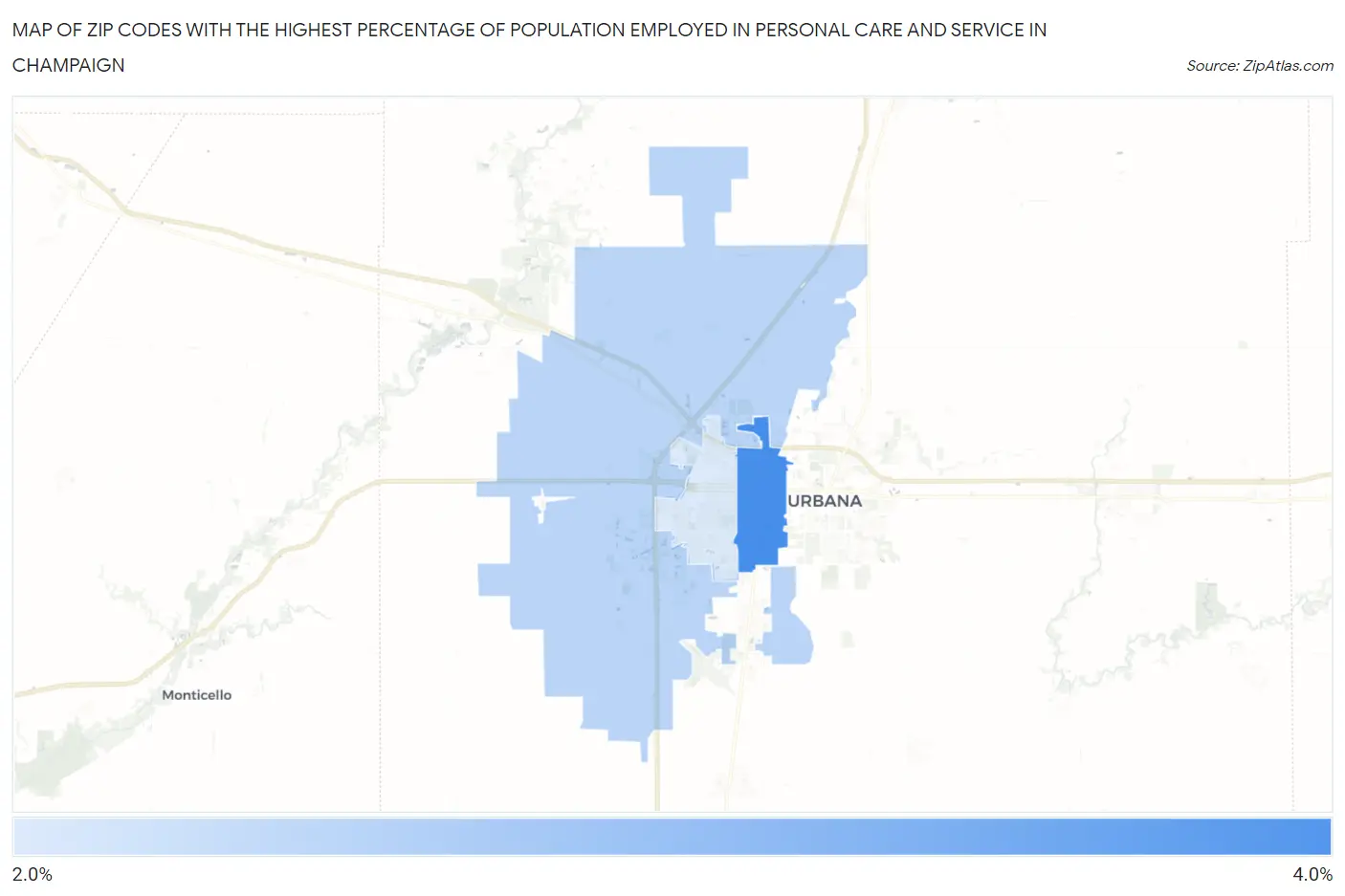 Zip Codes with the Highest Percentage of Population Employed in Personal Care and Service in Champaign Map