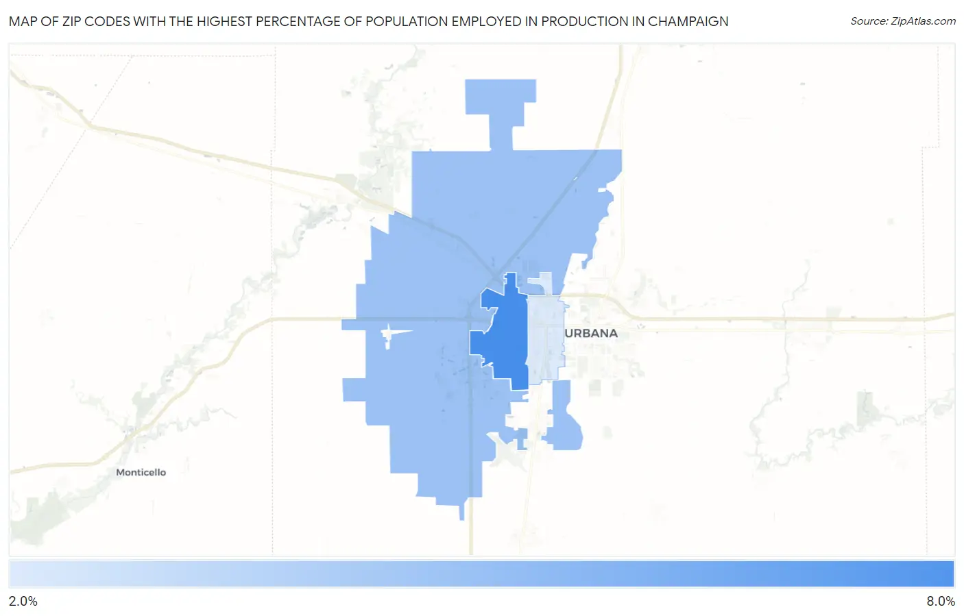 Zip Codes with the Highest Percentage of Population Employed in Production in Champaign Map